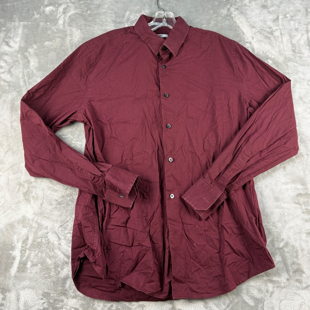 Express 1MX Mens Large Fitted Stretch Cotton Button Up Shirt Burgundy Maroon L